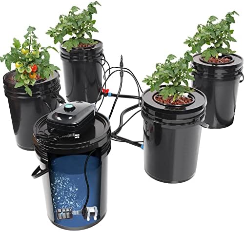 RDWC Top Feed Drip Hydroponics Systems, Recirculating Deep Water Culture Hydroponic Bucket System, 5 Gallon Hydroponics Growing System Kit with Water Pump, Air Pump(4 Bucket + Reservoir + Drip Kit)