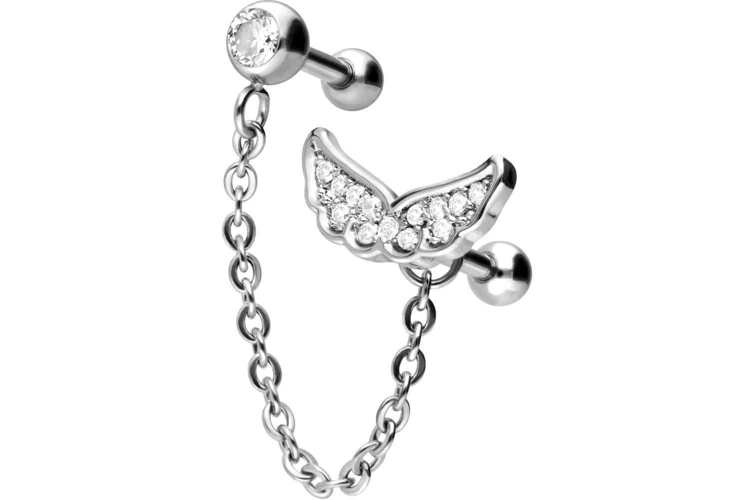 PIERCINGLINE Piercing de oreja de acero quirúrgico con diseño de latón | CRISTAL + CADENA + ALAS | Piercing Joyería Tapones para los oídos Helix | selección de color