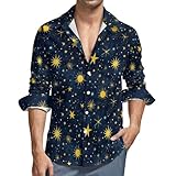 Camisa de manga larga con botones y estampado de sol de estrella amarilla para hombre, camisa casual con botones y bolsillo, Varios colores, Large