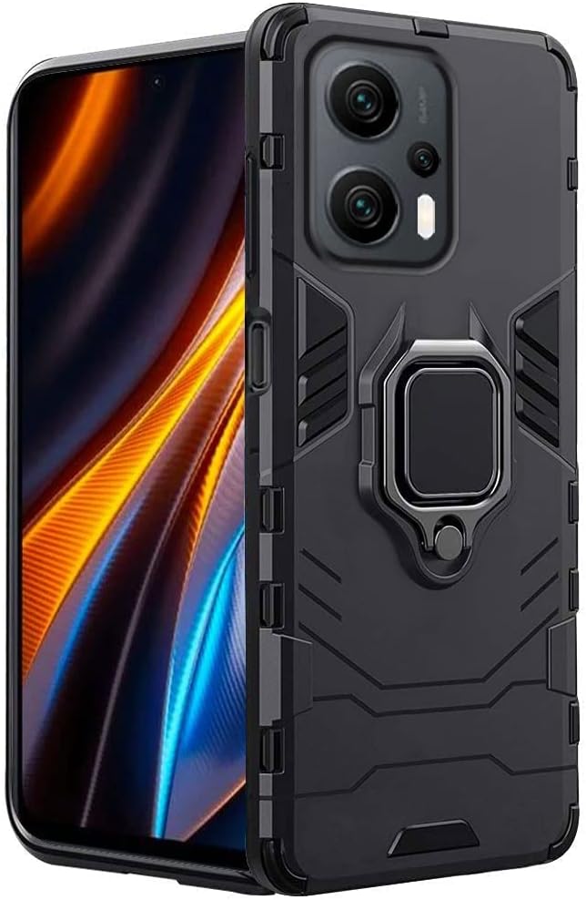 WOW IMAGINE Shock Proof Back Case Mobile Cover for Redmi K50i 5G | Bumper Back Cover Case (Tough Armor | Hybrid PC + TPU | Full Protection with Ring Holder & in-Built Kickstand | Black)