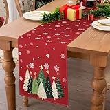 Serento Camino de Mesa Navideño Rojo de 40 x 140 cm, con Árboles de Navidad y Copos de Nieve, Ideal para Navidad, Decoración Rústica para Cocina, Comedor, Interior y Exterior, Ideal para Cenas (Rojo)