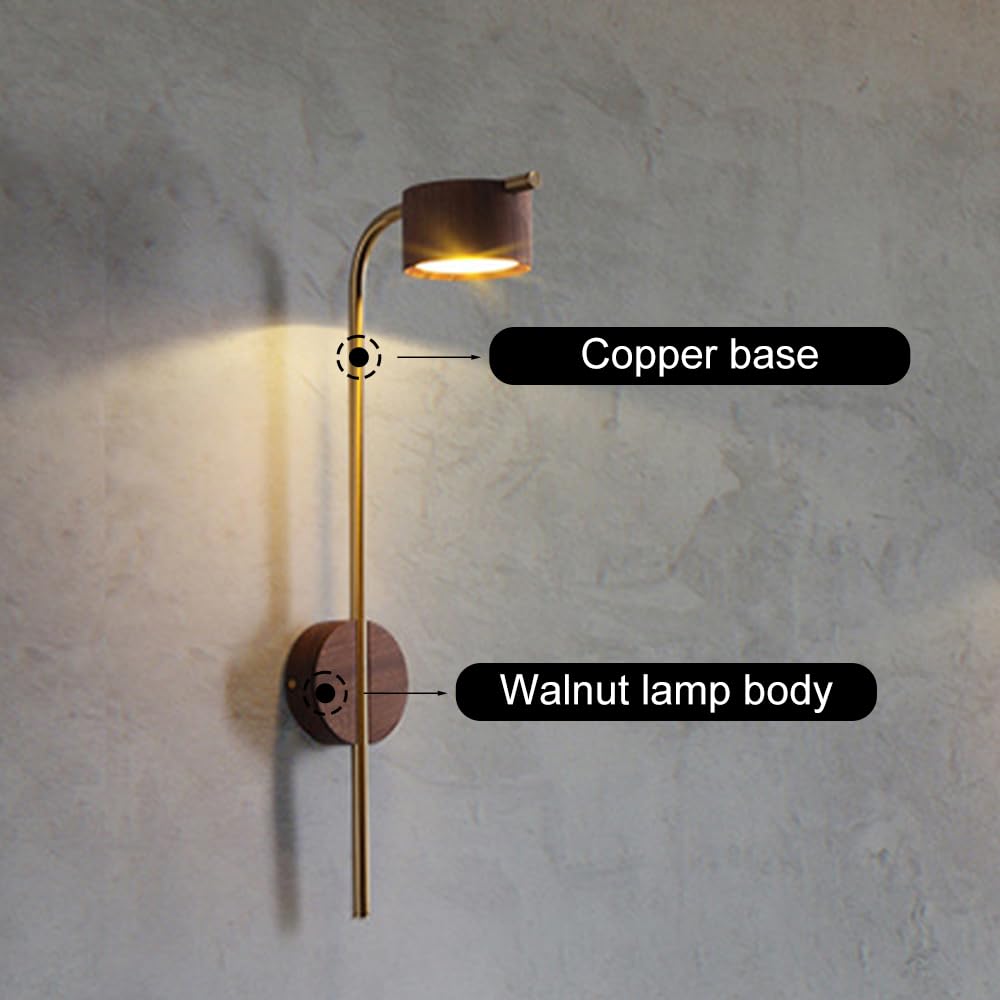 Lampada da Parete in Legno Nordico, Applique da Parete con palo Lungo in Ottone Dorato, Applique da Parete Vintage in Noce cablate, Lampada da Lettura a Parete per Comodino, Camera da Letto, sogg