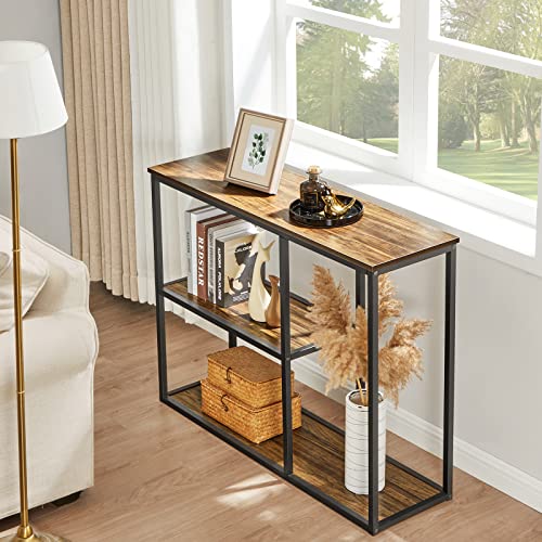 Image of WOHOMO Console Table, Modern Sofa Table with 3-Tier Storage Shelves, 12'' Narrow Industrial Entryway Table for Living Room, Corridor, Hallway, 31.5 inch x12''x31.5'' Rustic Walnut