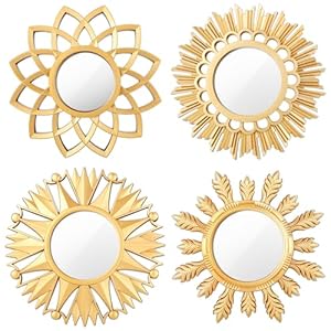 Set of 4 Gold Mirrors for Wall Decor Small Circle Flowers Mirrors Decorative Gold Hanging Wall Art Flowers Mirror for Home Living Dinning Room Bedroom Bathroom Entryway Boho Decoration Art Gifts