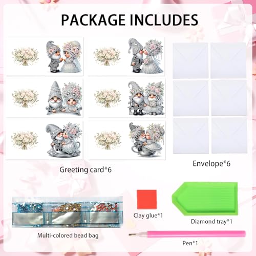 Image of AiYuanzsh Set of 6 Gnome Diamond Painting Greeting Cards - 5D DIY Craft Kits for Handmade Bride and Groom Cards, Perfect for Wedding Gifts and Anniversaries