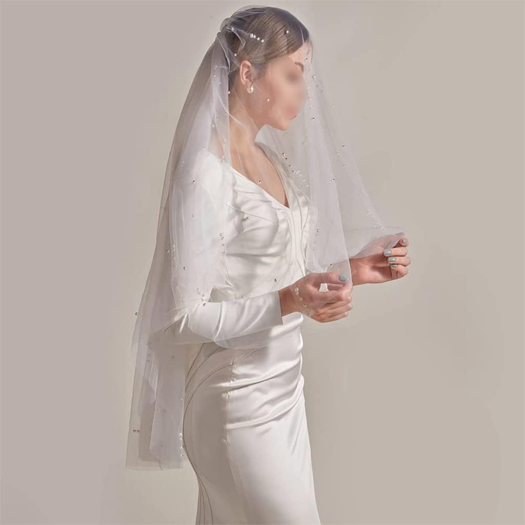 2T Short Pearl Wedding Veil Crystals Beaded Bling Real Picture Bridal Veils(OneColor)