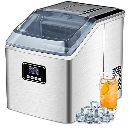 Ice Makers Countertop, 40Lbs/24H, 24pcs Ice Cubes Ready in 13 Mins, FREE VILLAGE Portable Ice Machine with Self-Cleaning, Timer, Quiet & Easy to Use, Ice Maker Ideal for Home/Office, Bright Silver