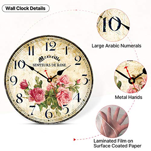 Image of 14in Vintage Pink Rose Wooden Wall Clock Decorative for Kitchen Home Decor | Home Silent Non-Ticking Quartz Movement Round Battery Operated Indoor French Floral Clock