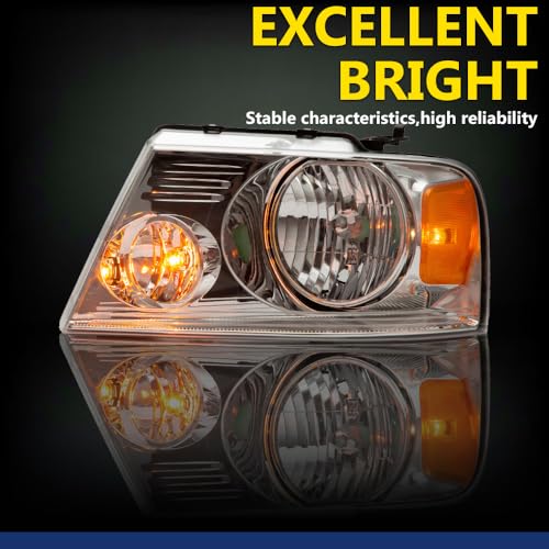 Image of GRAND ORANGE Headlight Assembly Compatible with Ford F150 2004 2005 2006 2007 2008 / Fit Lincoln Mark LT 2006-2008 Driver & Passenger Side Headlamp Clear lens Chrome Houing Amber Reflector