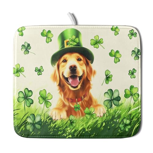 St Patrick's Day Dog Dish Drying Mat 16x18 inch Green Shamrock Dishes Pad Absorbent Microfiber Dish Drainer Mat for Kitchen Counter Coffee