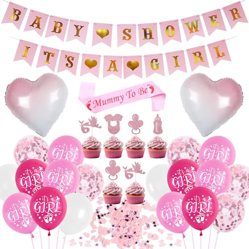 Sroeeshee Baby Shower Decorations for Girls - Pink Baby Shower Its a Girl Banners and Heart Foil Balloons Mummy to Be Sash Cupcake Toppers and Confetti for Newborn Gender Reveal Party Supplies