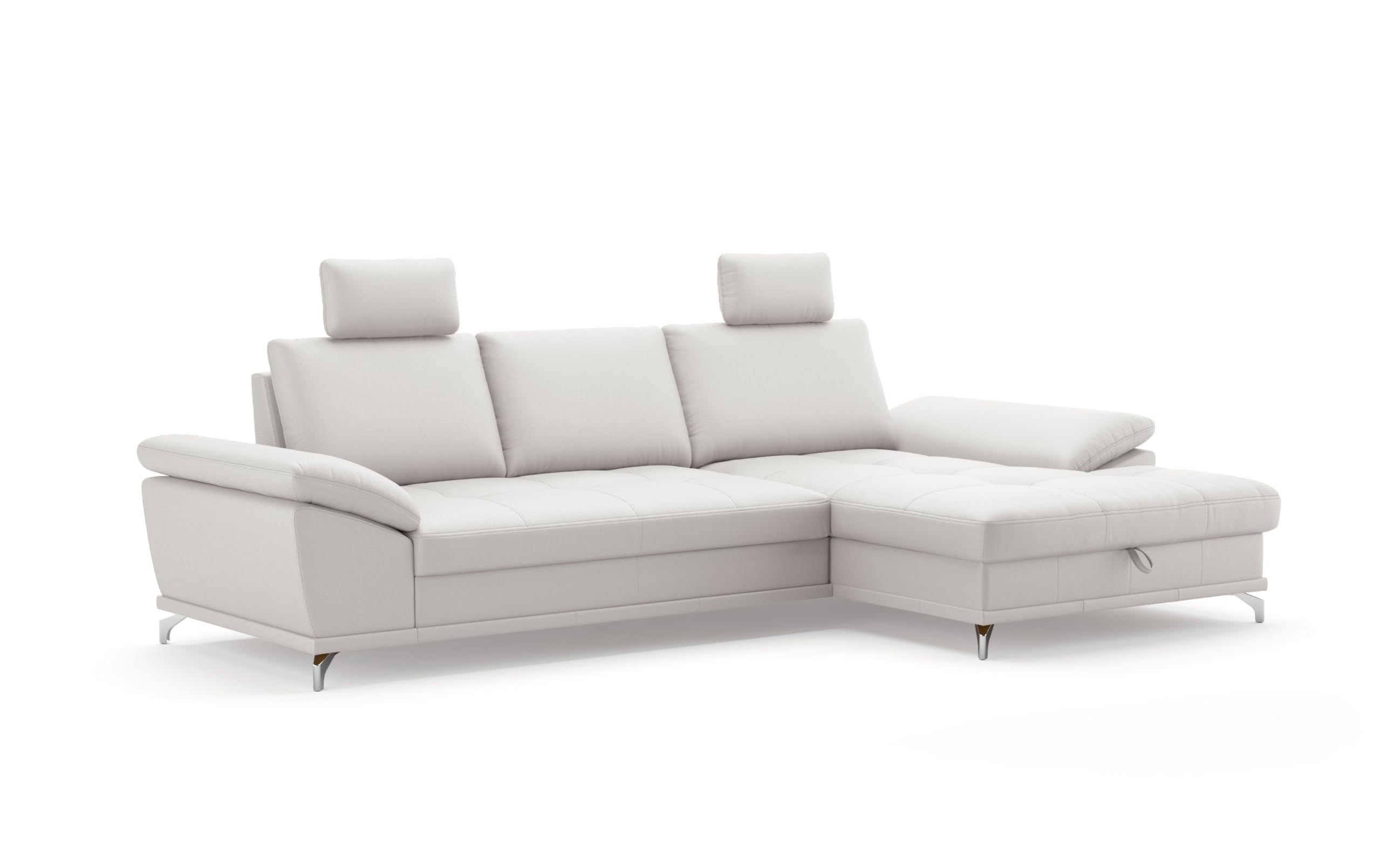 CAVADORE Castiel Canapé d'angle à Ressorts avec Grande Chaise Longue, réglage de la Profondeur d'assise, appuie-têtes et Pieds en métal Noir Mat, 301 x 89-114 x 176 cm, en Cuir véritable, Blanc