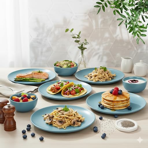 USHA SHRIRAM Ceramic Dinner Set (12 Pcs) | Microwave Safe Dinner Plates and Bowls Sets Cookware | Chip Resistant Dinnerware Sets | House Warming Gifts New Home for Couple Men Women (Blue)