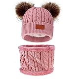 Jmkcoz Infant Toddler Winter Hat Scarf Set Double Pom Pom Knitted Beanies Cap Plush Lining Warm...