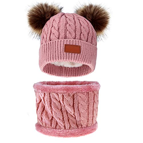 Jmkcoz Infant Toddler Winter Hat Scarf Set Double Pom Pom Knitted Beanies Cap Plush Lining Warm Pompom Knit Skiing Cap Hat for Baby Kids Girls Boys 6-36 Months Dark Pink