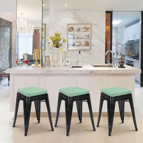 Image of BUYUE Friendly Woven Fabric Magnetic Bar Stool Cushions Set of 4, Enhanced Anti-Slip Breathable Small Chair Seat Pads for Cafe Bistro Stackable Metal Stools (Square, Light Green, 4 Counts)