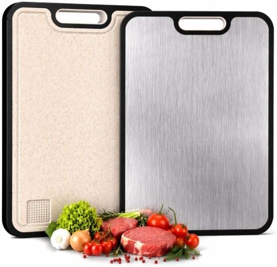 Titanium Cutting Board Double Sided – Pure Titanium & Eco Wheat Straw Surface, Non Slip, Dishwasher Safe, Heavy Duty Cutting Board for Meat, Vegetables & Fruit