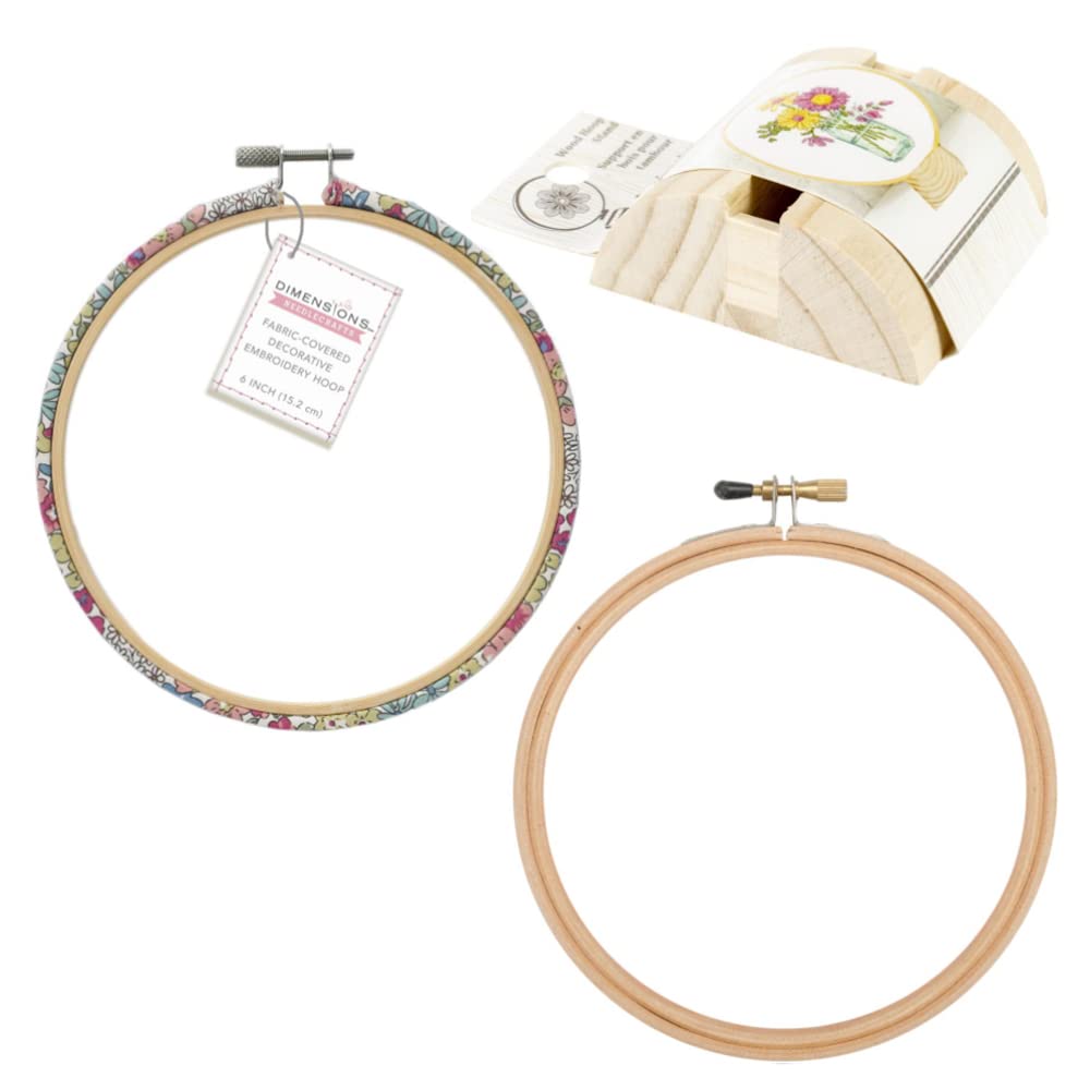 Embroidery Hoop Wooden Base Holder with Hoops- 2 (6in.) Hoops to Frame and Display Cross Stitch Projects, Plus Decorative 'Needleworker' Magnet