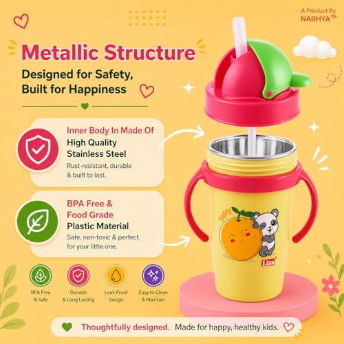 Image of Nabhya Inner Stainless Steel & Outer Plastic 360ml BPA-Free Cute Animal Design Baby Sipper Kids Water Bottle with Straw and Side Handle for Kids (Yellow)