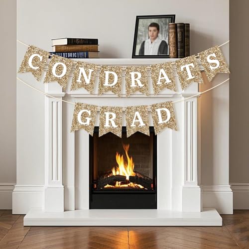 Image of Gold Congrats Grad Banner Garland, No DIY Required Pre-Strung Glitter Graduation Banners, Grad Congrats Class of 2026 Party Decorations for Graduation Party Supplies (Congrats Grad Banner)