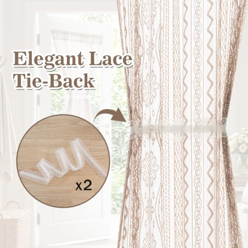 Image of MYSKY HOME Lace French Door Curtains 40 inch Long 2 Panels Boho Sheer Floral Curtains for Door Window Scalloped Doorway Sidelight Curtains Come with 2 Matching Tie-Backs, 26 inch Wide Each Panel, Brown