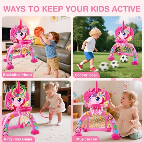 Image of DRAMATION Toddler Basketball Hoop & Soccer Goal & Ring Toss, Unicorn Baby Basketball Hoop Indoor for Kids 1-3 with Lights and 30+ Sounds, Christmas Birthday Gift Toy for Girls 1 2 3 Years Old