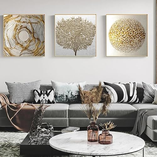 Affiche murale abstraite feuille d'or LSYALUCK, lot de 3 toiles grand arbre 70x70 cm