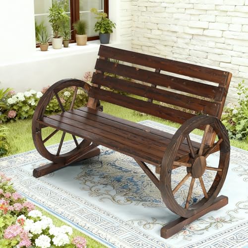 Image of Wooden Wagon Wheel Bench, 2-Person Solid Wood Garden Bench, Rustic Wooden Seat Wagon Wheel Bench Patio Loveseat W /Slatted Backrest, Outdoor Garden Bench for Lawn Yard Porch Park