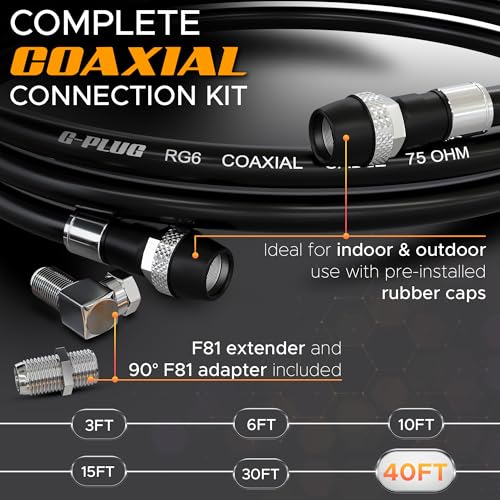 Image of G-PLUG RG6 Coaxial Cable 40FT - Triple Shielded, Waterproof, 75 Ohm with F-Type Connectors, High-Performance for HDTV, Satellite, Internet, Indoor /Outdoor Use