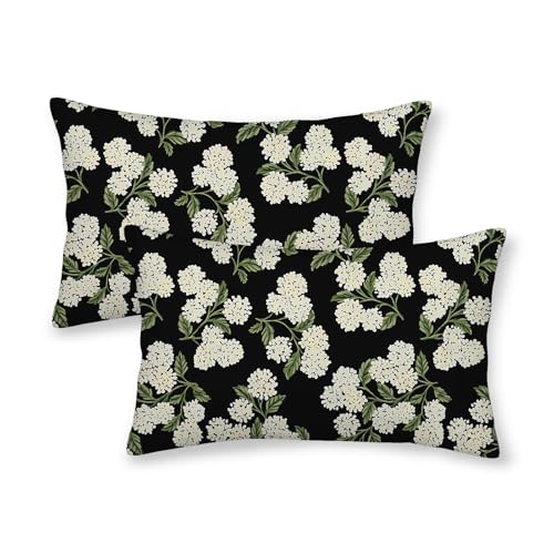 DAFENA Black Spring Pillow Covers 12x20 Inch 2 Pcs Green Hydrangea Flower Decor Throw Pillows Vintage Floral Seasonal Summer Outdoor Decoration Pillowcase Linen Cushion Cover for Couch Sofa