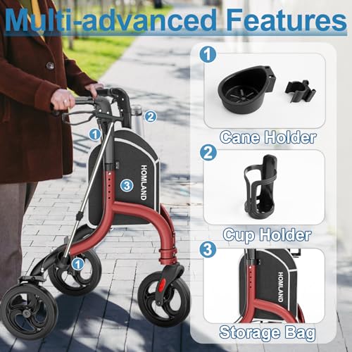 Image of 3 Wheel Walkers for Seniors, Foldable Wheeled Rollator with Cane Hold and Cup Hold, Lightweight Three Wheel Rolling Walker Height Adjustable for Seniors,Burgundy
