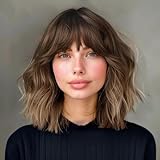 AISI HAIR Brown Wigs for Women, Ombre Brown Short Wavy Bob Wig with Bangs for Women Synthetic Curly Wave Bob Wigs Heat Resistant Fiber Hair Wigs for Daily