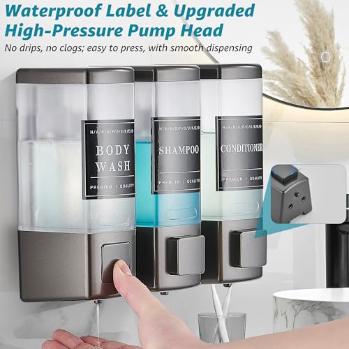 Image of Shower Shampoo Dispenser 3 Chamber No Drill, Grey | Wall Mounted, Large Capacity 3x16.9oz, ABS Plastic Material, Refillable With Labels, For Bathroom Hotel