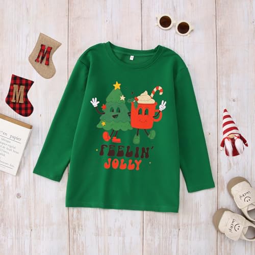 Image of Kids Christmas Shirts Girls Boys Feelin Jolly Long Sleeve T-Shirts Xmas Tree Hot Cocoa Graphic Tee Holiday Fall Tops