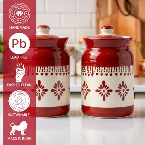 Image of Orange Jhalar Ceramic Handglazed Pickle Jars Set of 2-1000 ML Each | 1 kg Achaar Martban Barni Jar with Lid | Ceramic Storage Jar Container Pickle /Achar, Chatney