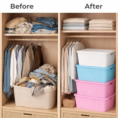 Image of Plastic Storage Box with Lid - Large Stackable Organizer Storage Box for Clothes, Toys, Kitchen - Big Size Plastic Storage Container Basket for Home, Office, Bathroom(Large,3pcs,MultiColor)