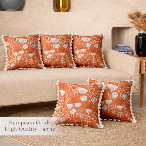 Image of STITCHNEST 'Little Meadow Series' Tassled Cushion Cover | Set of 5 | Floral Cushion Cover 16 inch x 16 inch