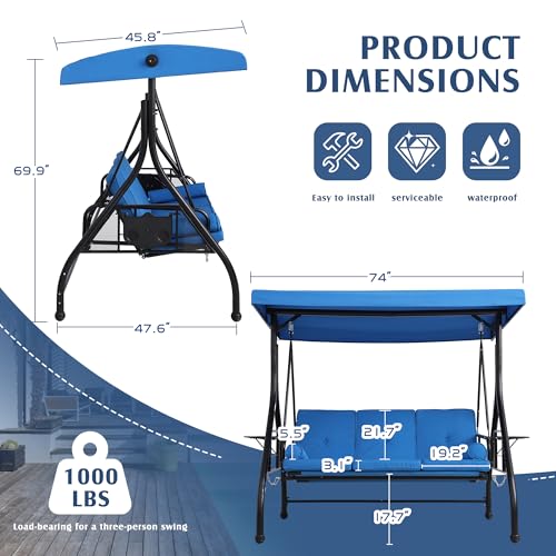 Image of Grepatio Outdoor Porch Swing with Canopy and Stand, 3 Person Patio Swing for Adults, Convertible 2 in 1 Porch Bed Swing with Cup Holder, 3 Seat Swings with 2 Pillow Cushions for Garden, Yard (Blue)