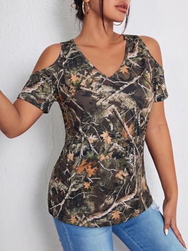 Image of RoseSeek Women's Camo Leopard Cold Shoulder T Shirts Summer Camouflage Tops | V Neck, Short Sleeve, Slim Fit, Camo Shirts, Camouflage Shirts, Summer Clothes, Vintage Streetwear