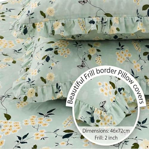 Image of 350 TC Premium Heavy Cotton Feel Elastic Fitted Bedsheet King Size with 2 Frill Pillow Covers King Size || Double Bed with All Around Elastic (Green Floral, Queen)