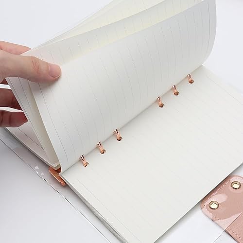 Miniatura 3 de Carpeta transparente A6 con 6 anillas, cubierta de PVC suave, anillo redondo de oro rosa, botón a presión, protector de cuaderno recargable con 90