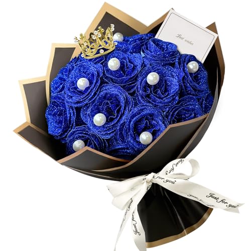 JINXIXI Bouquet di 24 rose blu glitter, kit fai-da-te per bouquet di fiori artificiali con 12 perle finte, carte per avvolgere fiori, steli e biglietti per regali, San Valentino, anniversari