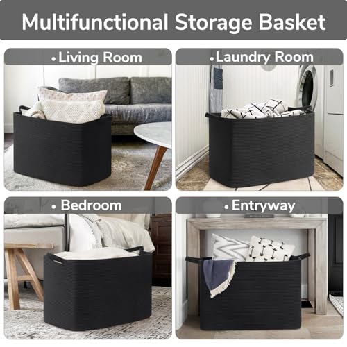 Goodpick Large Woven Storage Basket, 105L Extra Large Blanket Basket for Living Room, Bedroom, Rectangle Cotton Rope Organizer for Toy Storage, 25”x16”x16”, Black