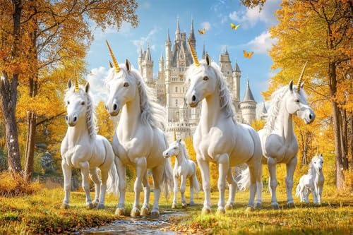 Adultos y Principiantes Diamond Painting Taladro Completo 5D DIY Arts Kits Unicornio Del Castillo De Otoño Imagen Diamante Pintura Pintura Para Decoración Pared Hogar Taladro Redondo 90x135cm C0550