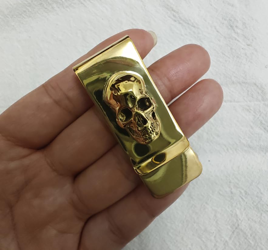 Brass Skull Hannya Pendant Slim Cash Money Clip Pocket Wallet Credit Card Holder Accessory Handwork Mens Gift (skull brass)3