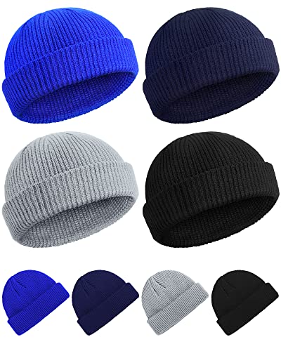 SATINIOR Winter Short Fisherman Beanie Hat Trawler Beanie Watch Hat Edge Skullcap for Men (Blue, Black, Grey, Navy Blue,)