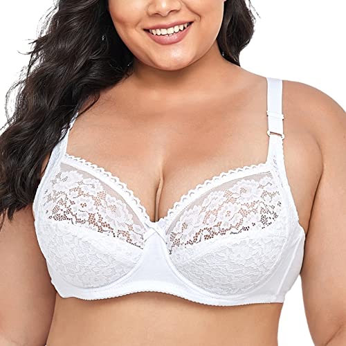 BURUVO Reggiseno in Pizzo Elastico Stile Intimo da Donna a Fascia con Copertura Totale Plus Size Sexy Bra White 6E