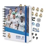 Grupo Erik Agenda escolar Real Madrid 2026 2027 - Agenda Dia por Pagina fútbol para niños de Primaria e Instituto [Curso 26/27 ] │ Con Anillas, Tapa dura, Pegatinas e Ilustraciones (14x16 cm)