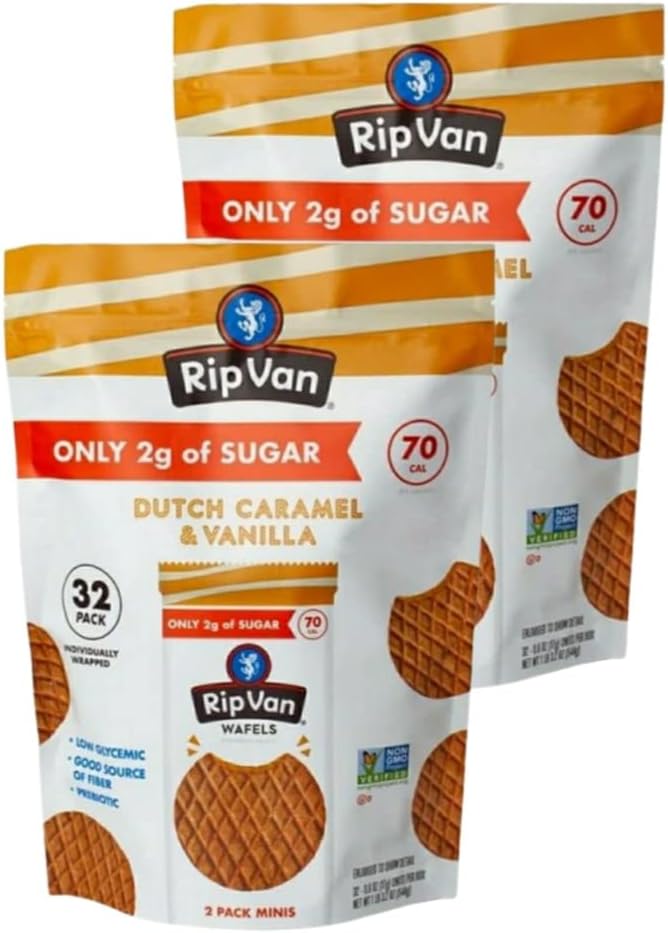 Rip Van Wafels European Snack Dutch Caramel and illa Mini Cookies - Pack of 2 Bags - 32 Snack Packs Per Bag - 64 Snack Packs Total - Only 2g of Sugar - Individually Wrapped 2 Packs