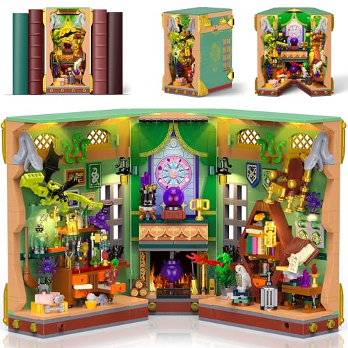 OKKIDY Magic Potion Book Nook Building Set with Light DIY Booknook Building Block kit for Home Decor Bookshelf 1033 PCS Miniature Bookend House Building Brick Toy Gift for Adult Kids Boy Girl Age 8+